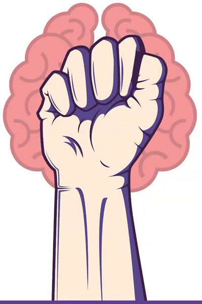 A fist held in front of an illustrated brain, showing the hand model of the brain